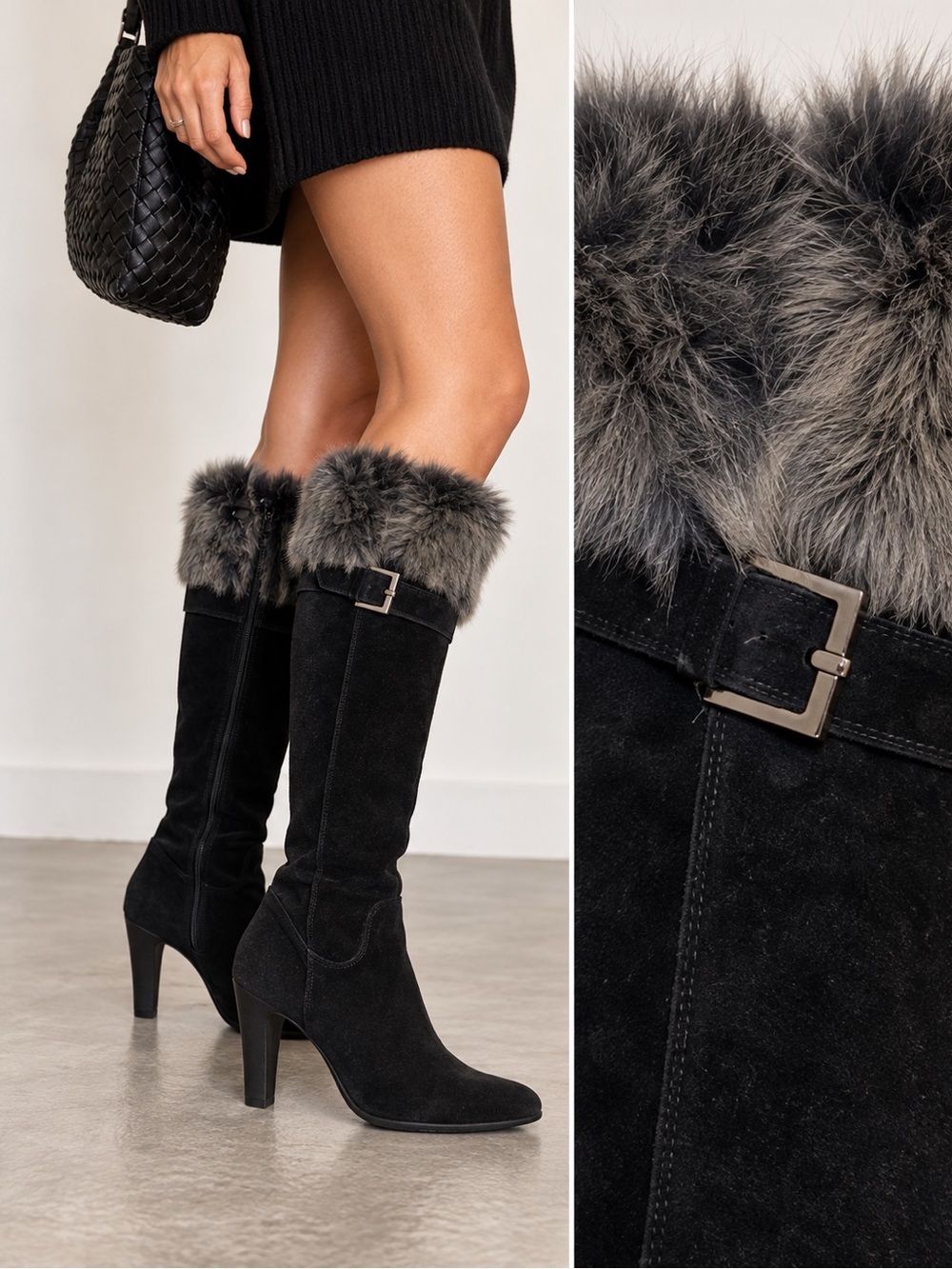 Y2K Carisma Black Suede Fur Trim Knee High Boots 8 Italy Winter Glam Ski Apres